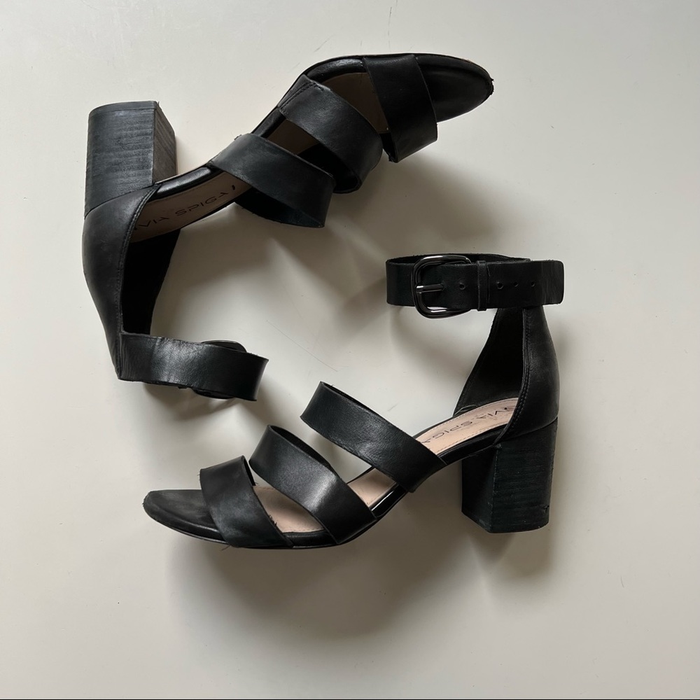 Via Spiga Black Leather Strap Ankle Strap Sandal Heels